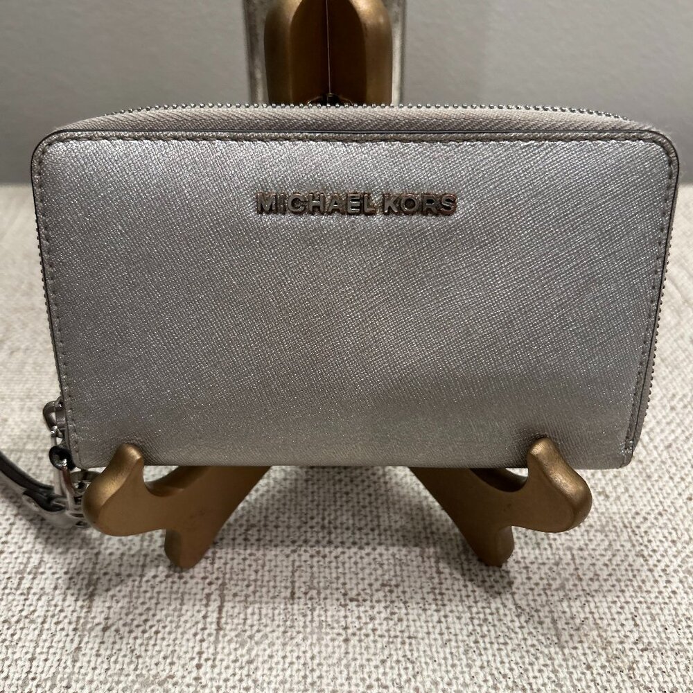 Michael Kors Pewter Metallic Zip Around Wristlet